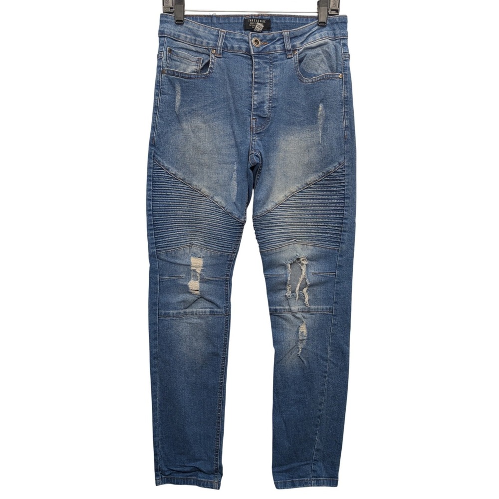 Threadbare Moto‎ Biker Jeans Mens 30(30X31) Blue Distressed Ribbed Slim Fit